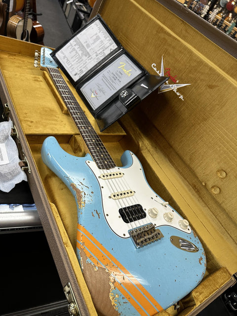 Fender Custom Shop 1963 Stratocaster Heavy Relic HSS - Daphne Blue w/ Orange Competition Stripe -