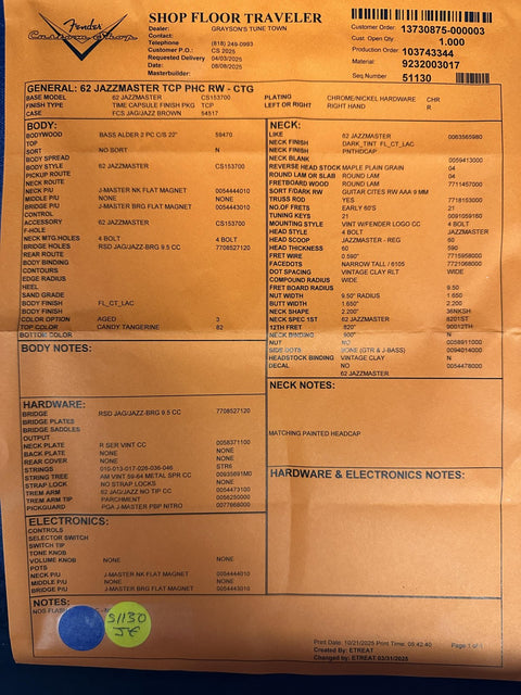 Fender Custom Shop 1962 Jazzmaster Time Capsule Painted Headcap - Candy Tangerine -