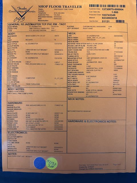 Fender Custom Shop 1962 Jazzmaster Time Capsule Painted Headcap - Taos Turquoise w/ Dirty Shell Pink Competition Stripe -