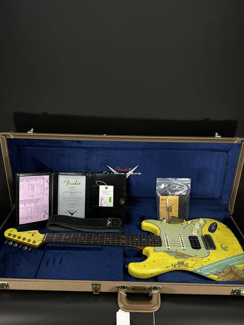 Fender Custom Shop 1963 Stratocaster Super Heavy Relic HSS - Graffiti Yellow w/ Daphne Blue Competition Stripe -