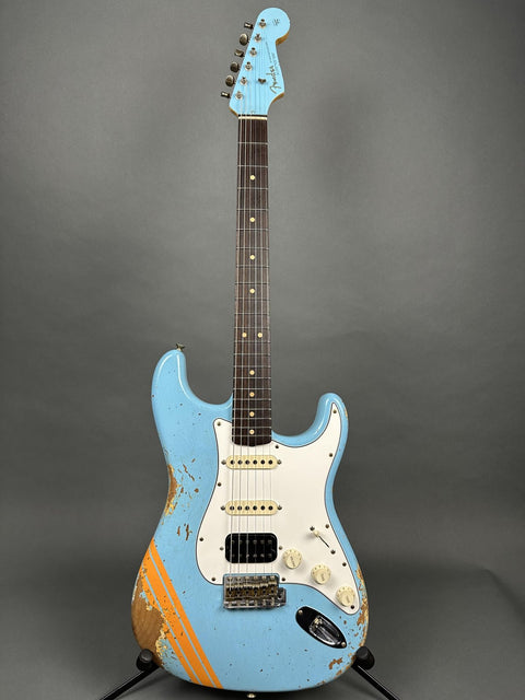 Fender Custom Shop 1963 Stratocaster Heavy Relic HSS - Daphne Blue w/ Orange Competition Stripe - 