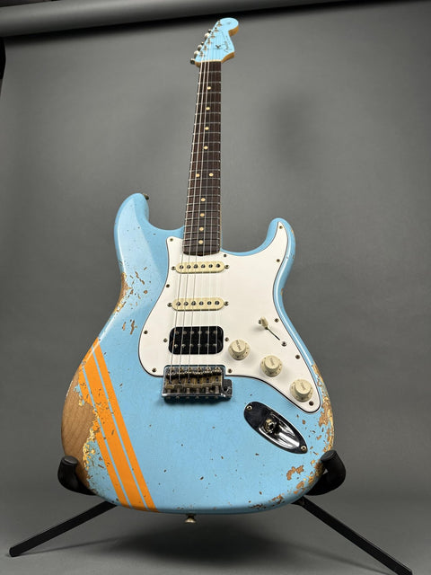 Fender Custom Shop 1963 Stratocaster Heavy Relic HSS - Daphne Blue w/ Orange Competition Stripe - 