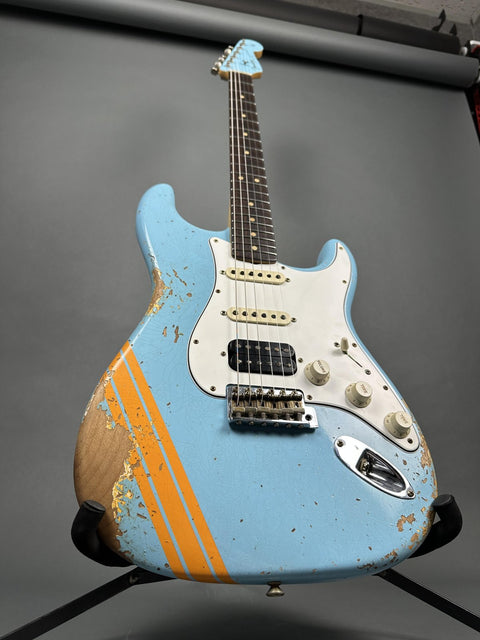 Fender Custom Shop 1963 Stratocaster Heavy Relic HSS - Daphne Blue w/ Orange Competition Stripe - 