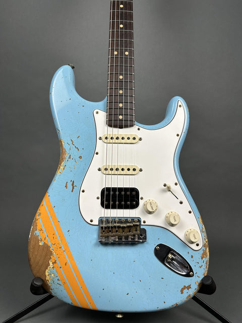 Fender Custom Shop 1963 Stratocaster Heavy Relic HSS - Daphne Blue w/ Orange Competition Stripe - 