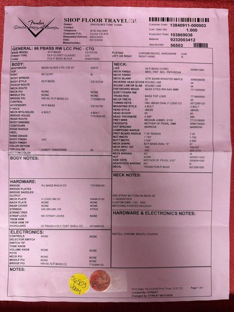 Fender Custom Shop 1966 Precision Bass Closet Classic - Candy Tangerine with Painted Headcap