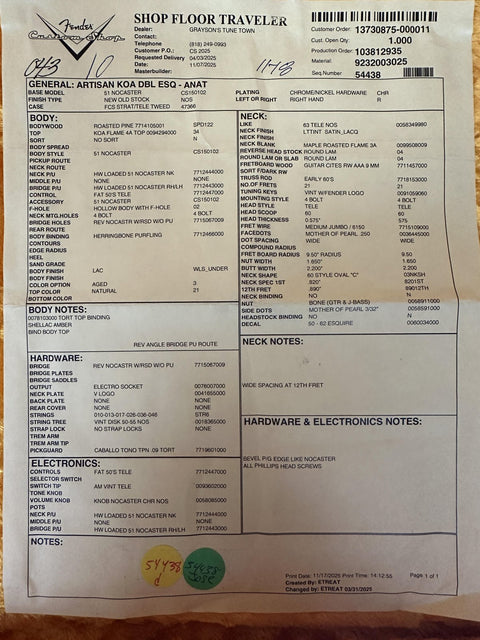 Fender Custom Shop Artisan Koa Double Esquire - Aged Natural